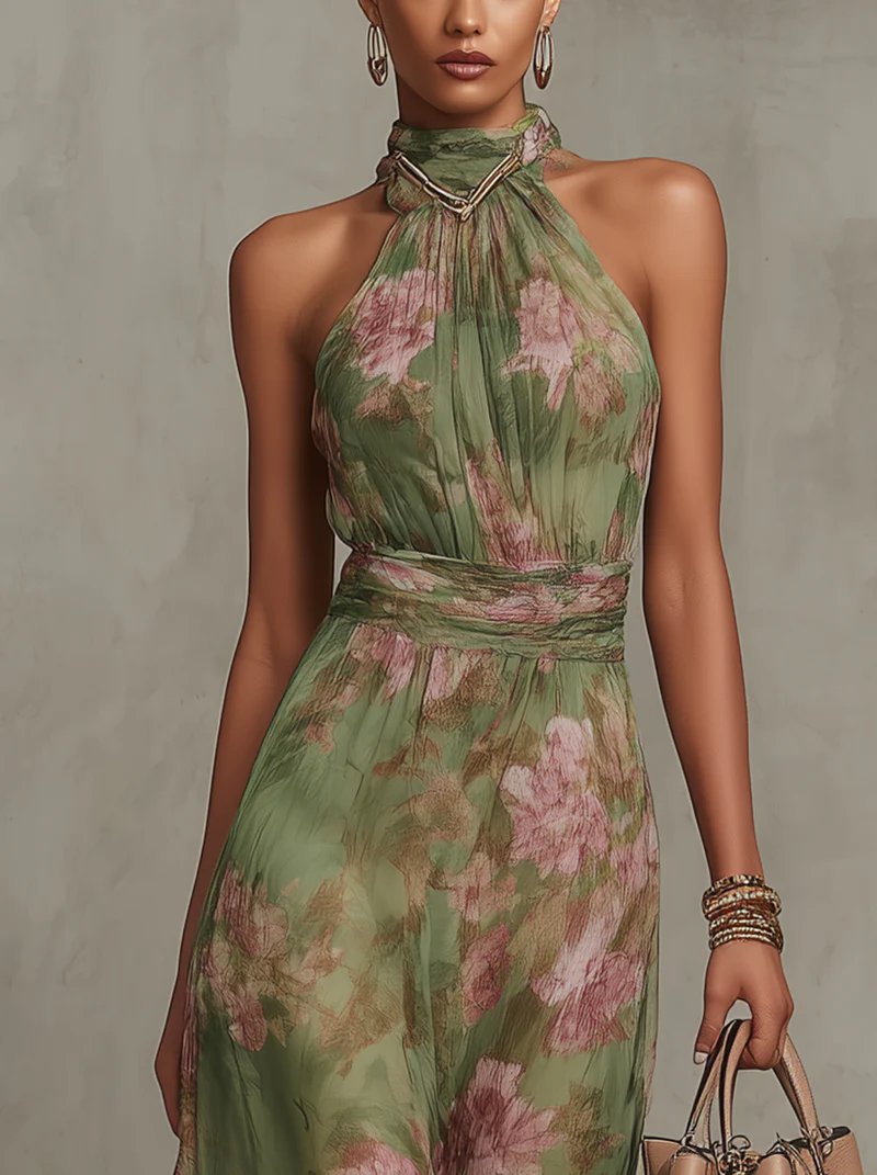 ESSENZIALE - Serena ∙ Abito Maxi in Chiffon Verde a Fiori con Scollo All’Americana