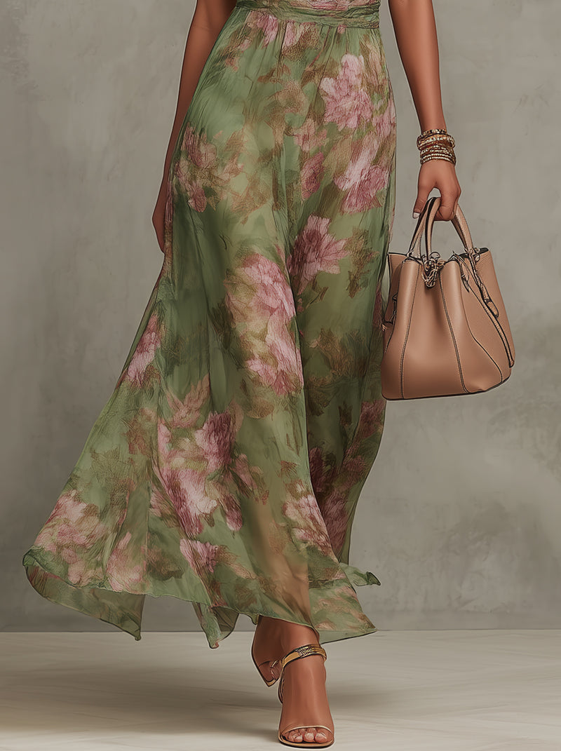 ESSENZIALE - Serena ∙ Abito Maxi in Chiffon Verde a Fiori con Scollo All’Americana