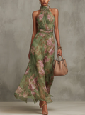 ESSENZIALE - Serena ∙ Abito Maxi in Chiffon Verde a Fiori con Scollo All’Americana