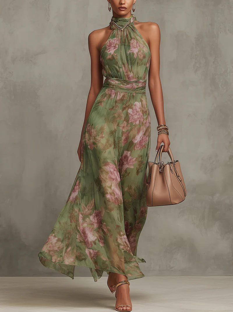 ESSENZIALE - Serena ∙ Abito Maxi in Chiffon Verde a Fiori con Scollo All’Americana