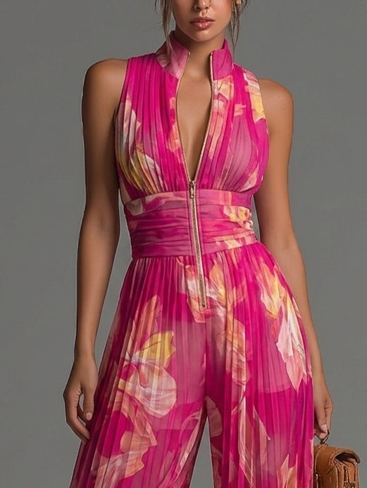 ESSENZIALE - Jumpsuit in Chiffon Pieghettato Fucsia con Fiori