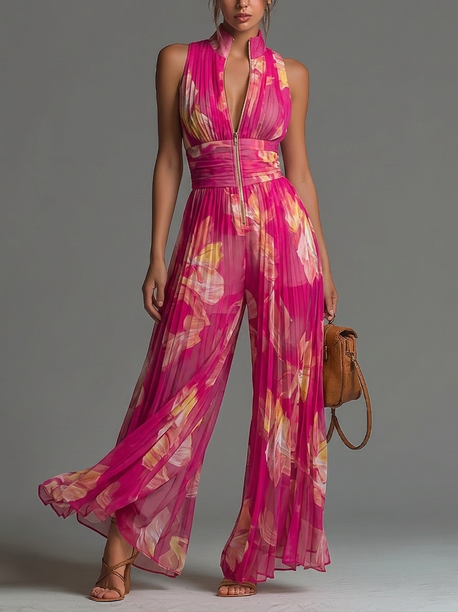 ESSENZIALE - Jumpsuit in Chiffon Pieghettato Fucsia con Fiori