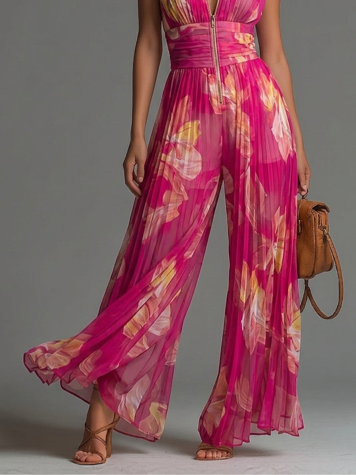 ESSENZIALE - Jumpsuit in Chiffon Pieghettato Fucsia con Fiori