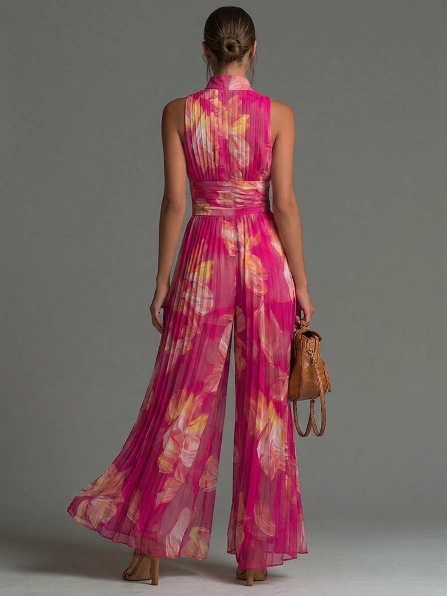 ESSENZIALE - Jumpsuit in Chiffon Pieghettato Fucsia con Fiori