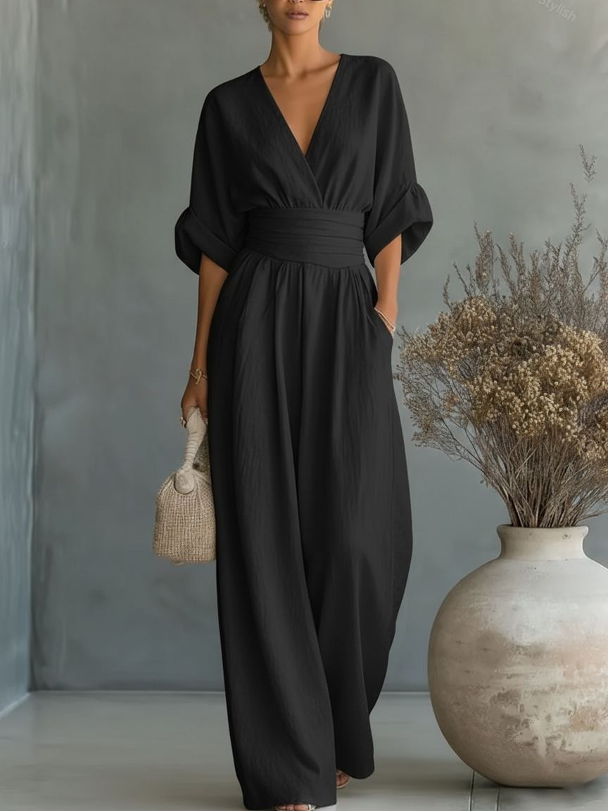 ESSENZIALE - Elegante Tuta Estiva con V-Neck e Vita Alta