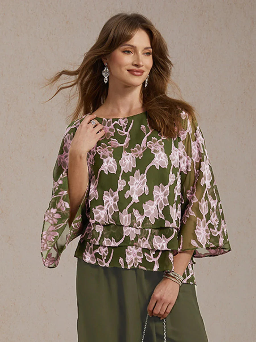 Blusa in Chiffon Floreale con Collo a Barca