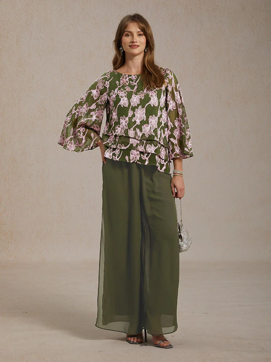 Blusa in Chiffon Floreale con Collo a Barca