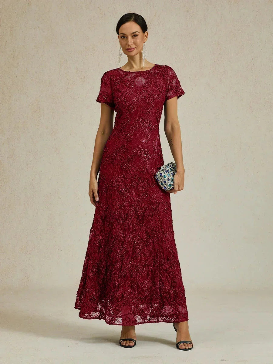 Abito A-Line in Pizzo Rosette con Decorazioni in Paillettes