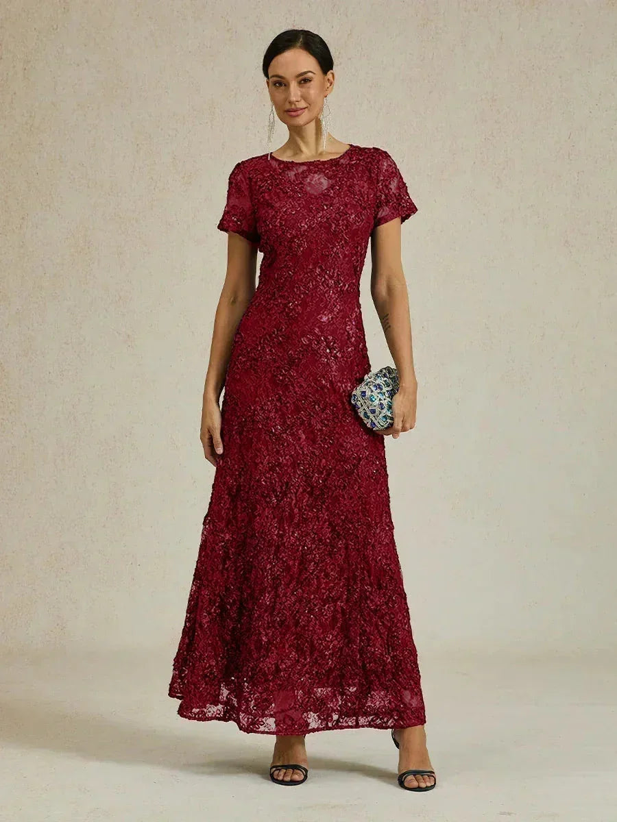 Abito A-Line in Pizzo Rosette con Decorazioni di Paillettes