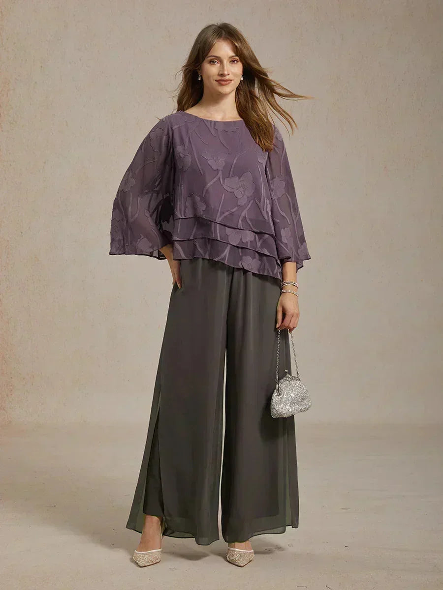 Pantaloni a Gamba Dritta con Sovrapposizione in Chiffon a Spacco