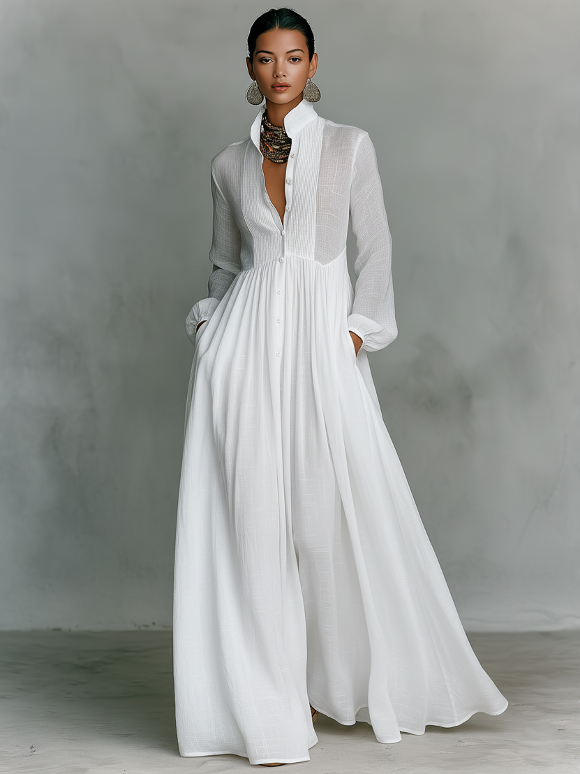 Abito maxi da donna in stile minimalista in cotone e lino con pezzi di puzzle, con colletto rigido e maniche lunghe