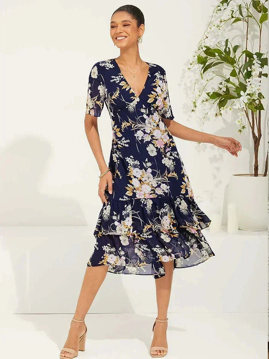 Abito Midi in Chiffon Floreale con Scollatura a V e Rouches