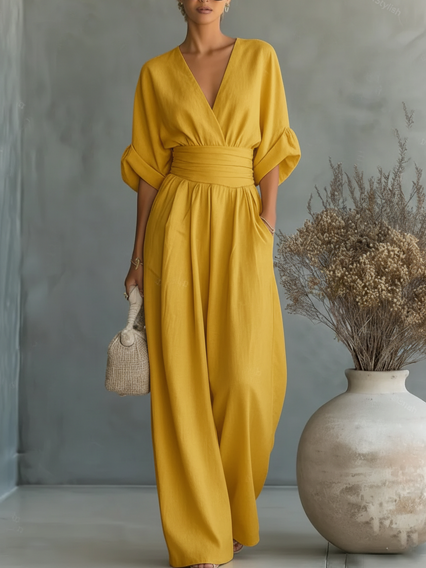 ESSENZIALE - Elegante Tuta Estiva con V-Neck e Vita Alta