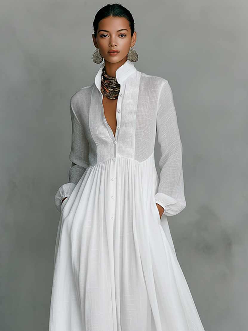 Abito maxi da donna in stile minimalista in cotone e lino con pezzi di puzzle, con colletto rigido e maniche lunghe