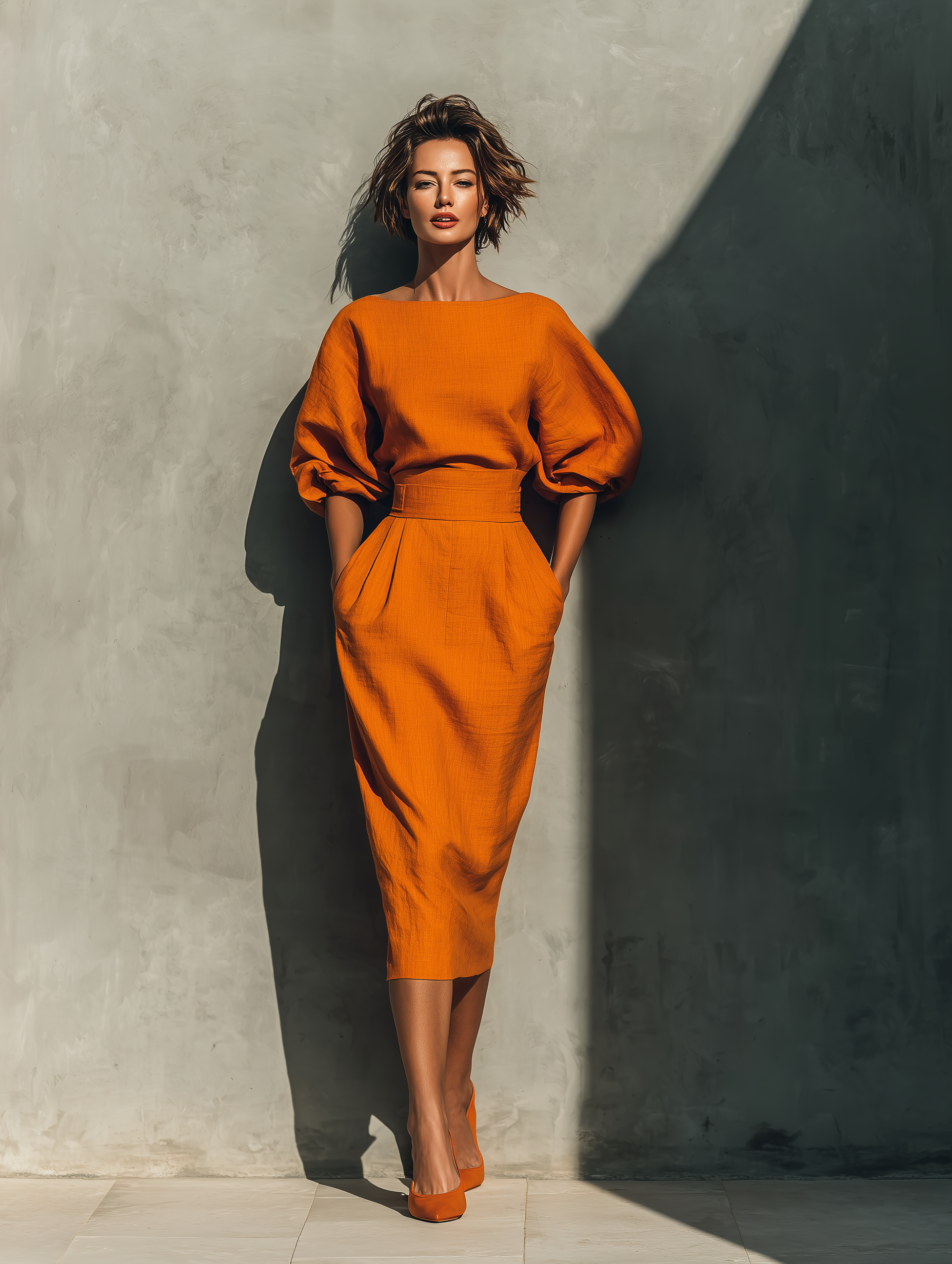 Set top con maniche medie e gonna midi per donne in colore arancione