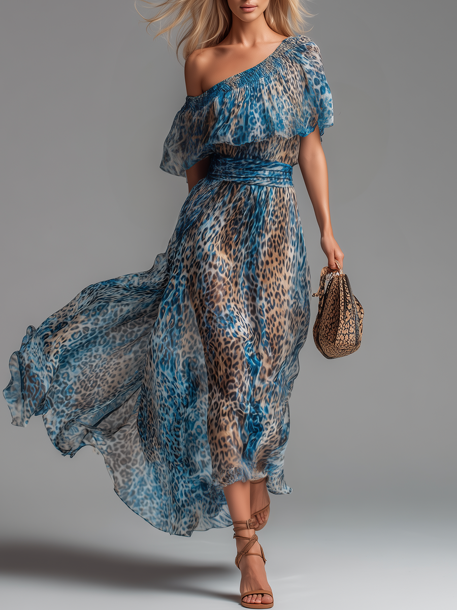 🔥 Selvaggia – Abito Maxi in Chiffon a Stampa Leopardo Off-Shoulder