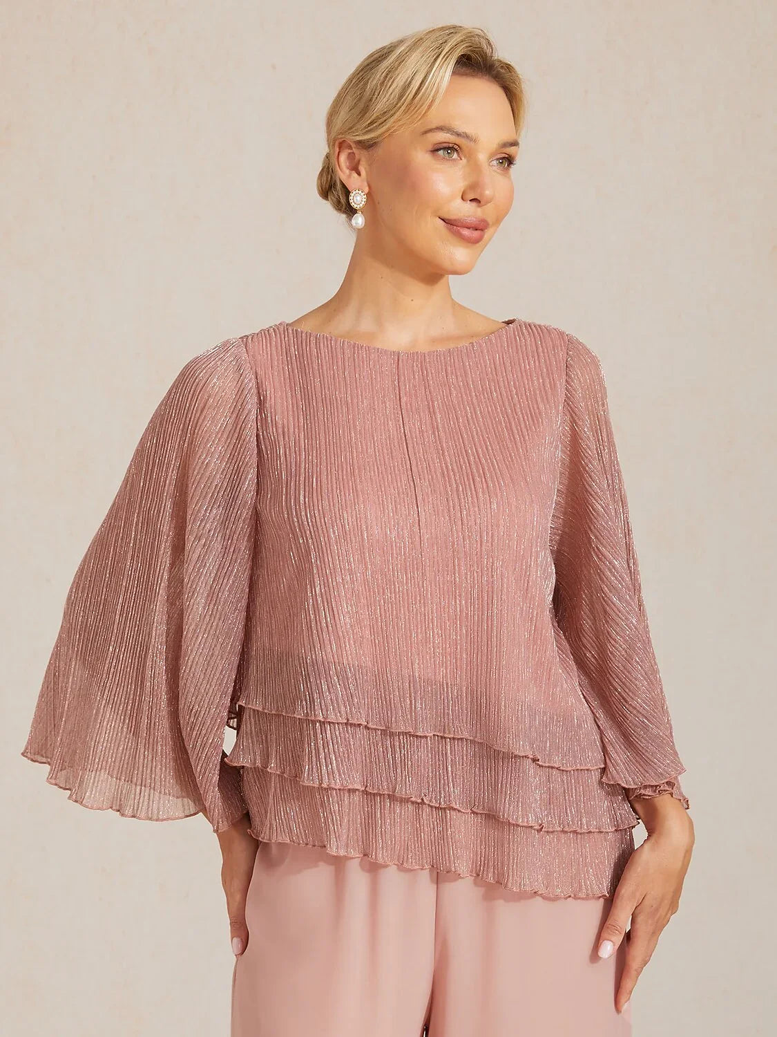 Blusa Asimmetrica a Strati in Chiffon Metallizzato Pieghettato