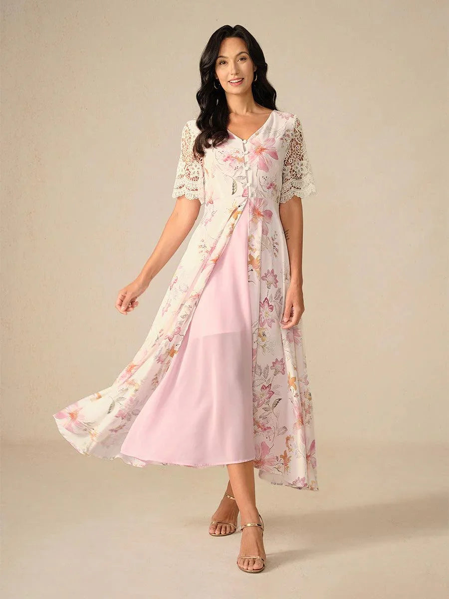 Abito A-Line in Chiffon Floreale con Maniche in Pizzo