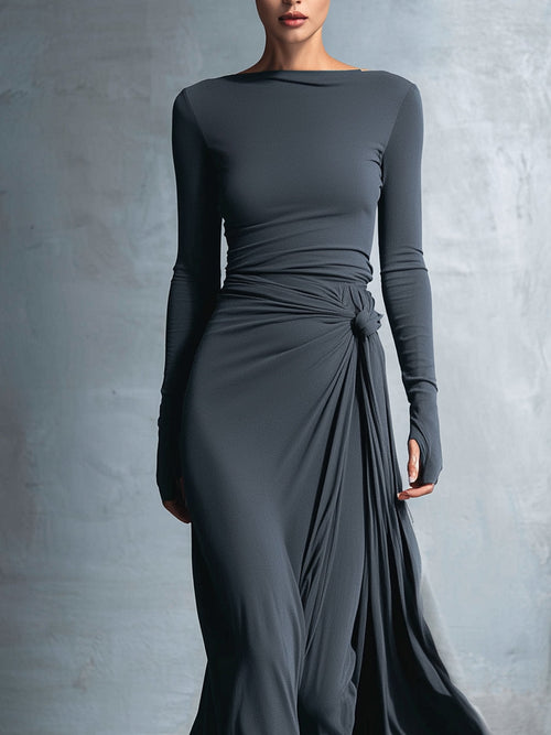 Abiti maxi per donne in grigio - Abito avvolgente decorato