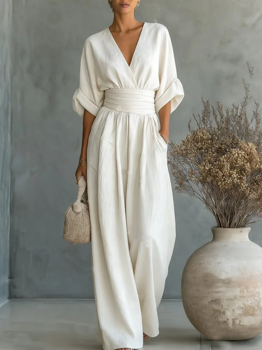 ESSENZIALE - Elegante Tuta Estiva con V-Neck e Vita Alta