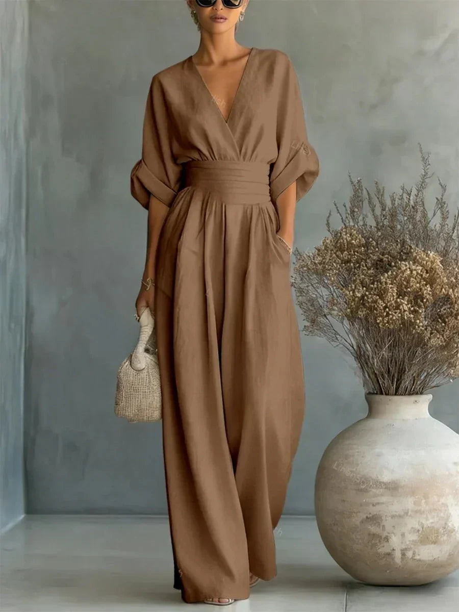 ESSENZIALE - Elegante Tuta Estiva con V-Neck e Vita Alta
