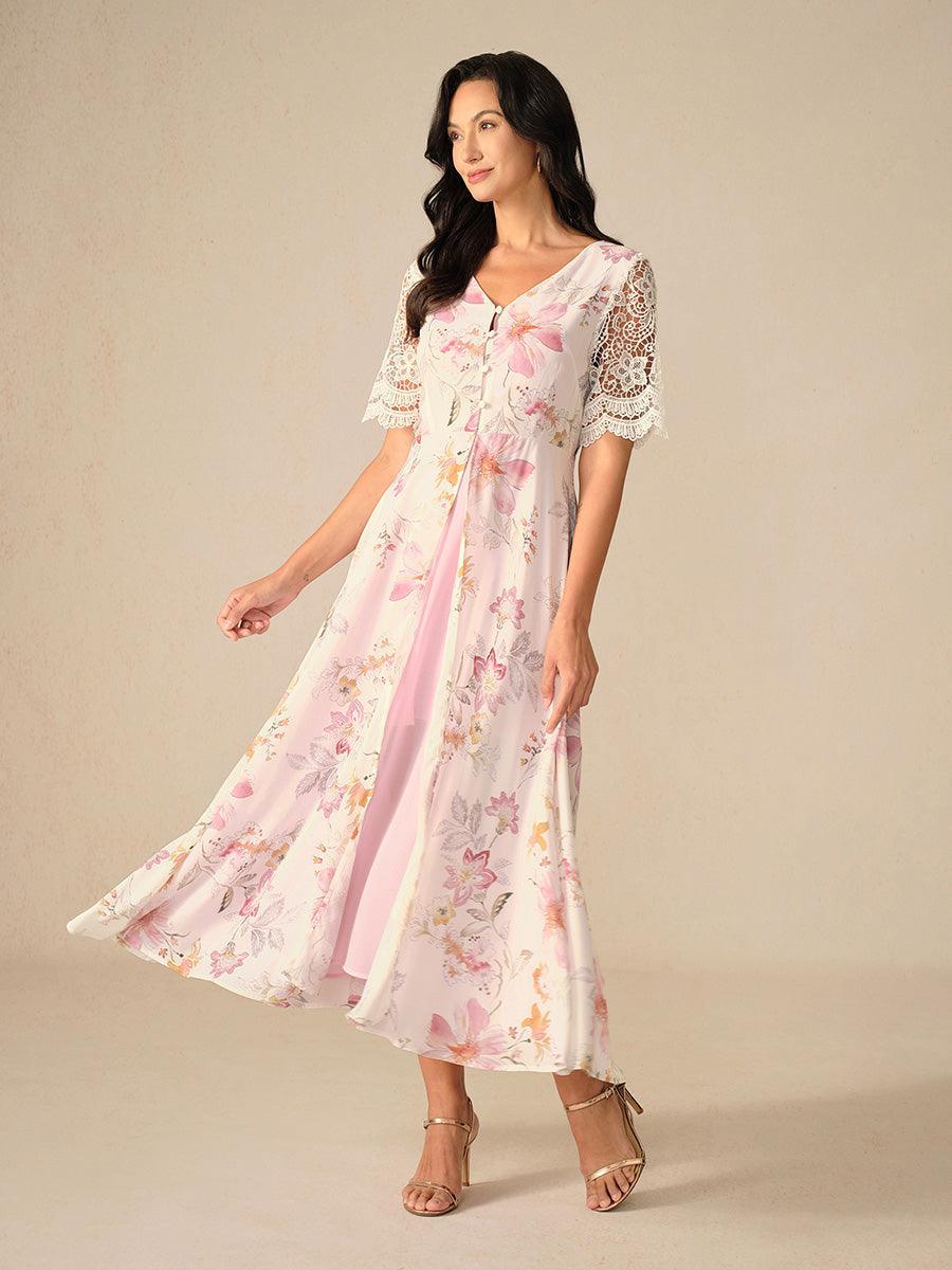 Abito A-Line in Chiffon Floreale con Maniche in Pizzo