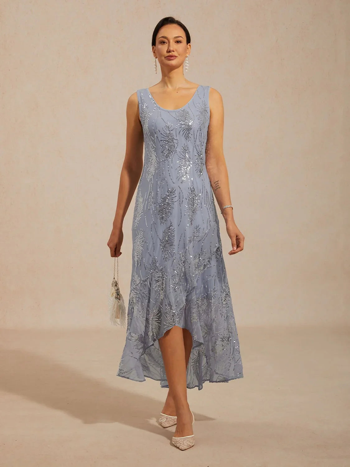 Abito Maxi A-Line Senza Maniche con Paillettes in Rete