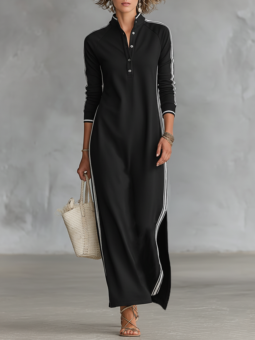 Abiti maxi per donne con colletto a bottoni in stile minimalista con bordi bianchi