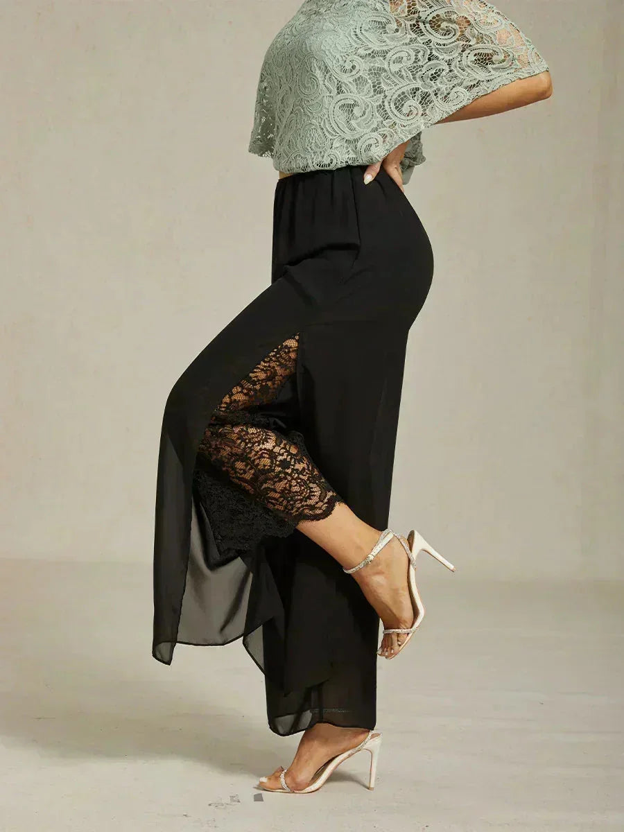 Pantaloni a Gamba Dritta con Sovrapposizione in Chiffon