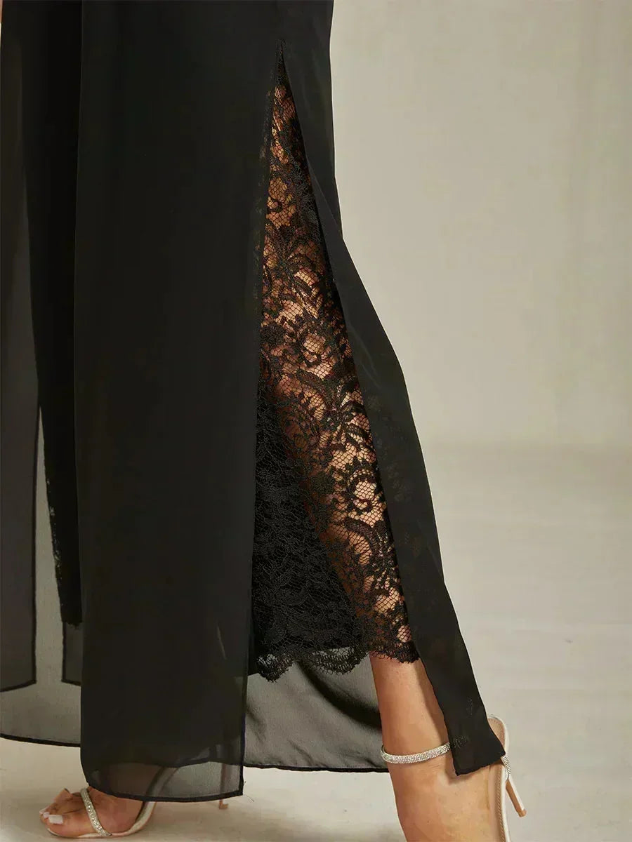 Pantaloni a Gamba Dritta con Sovrapposizione in Chiffon