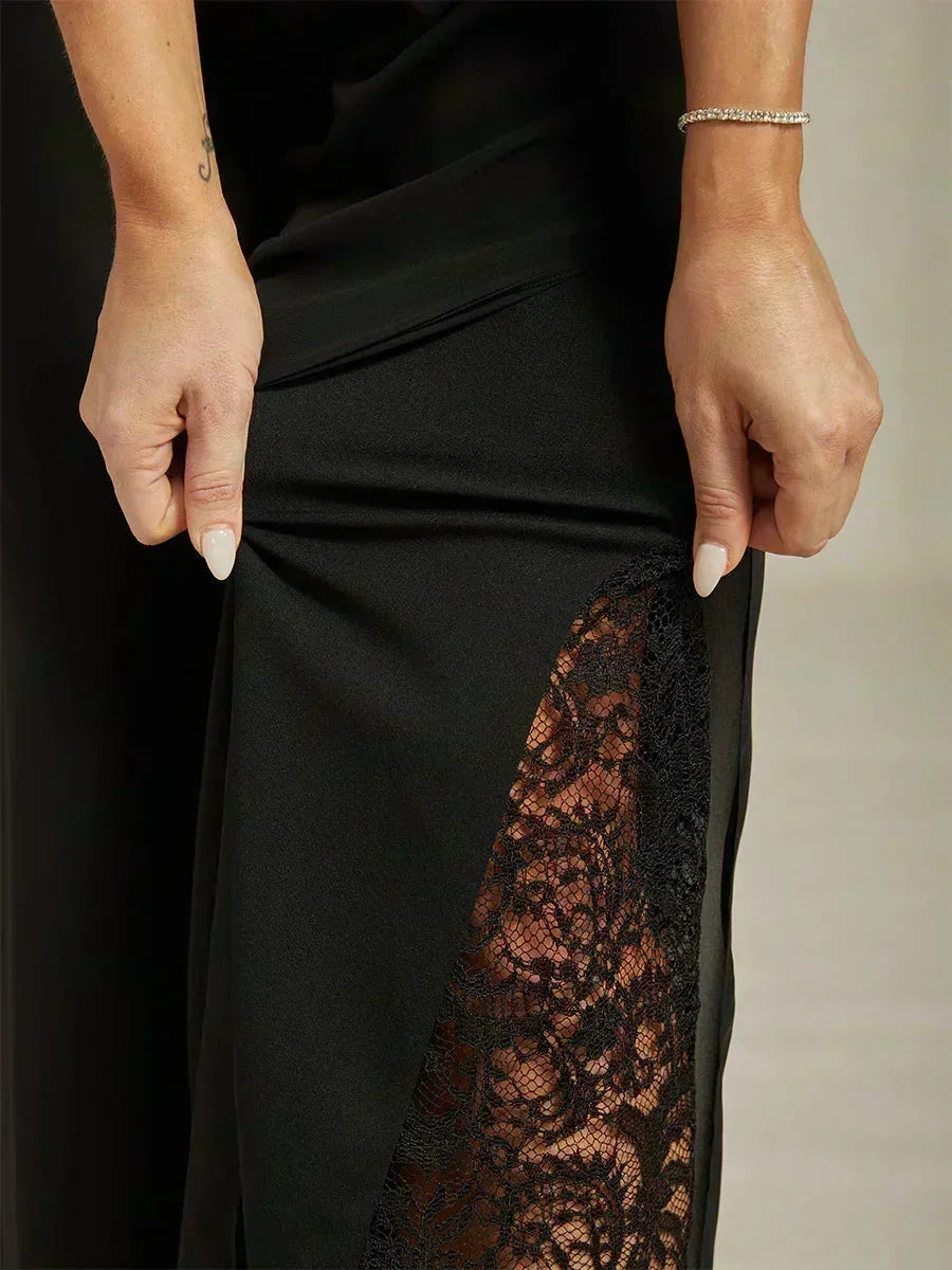 Pantaloni a Gamba Dritta con Sovrapposizione di Chiffon a Spacco