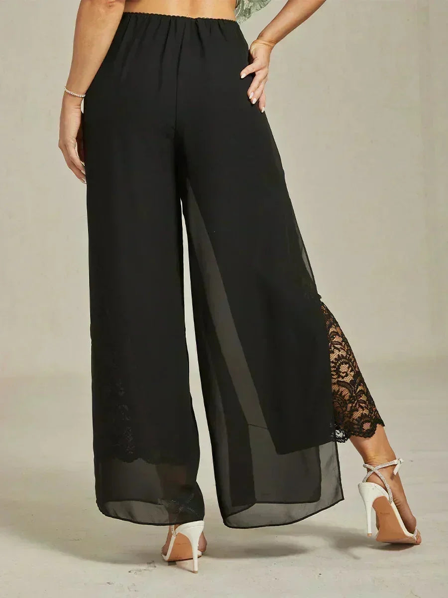 Pantaloni a Gamba Dritta con Sovrapposizione in Chiffon