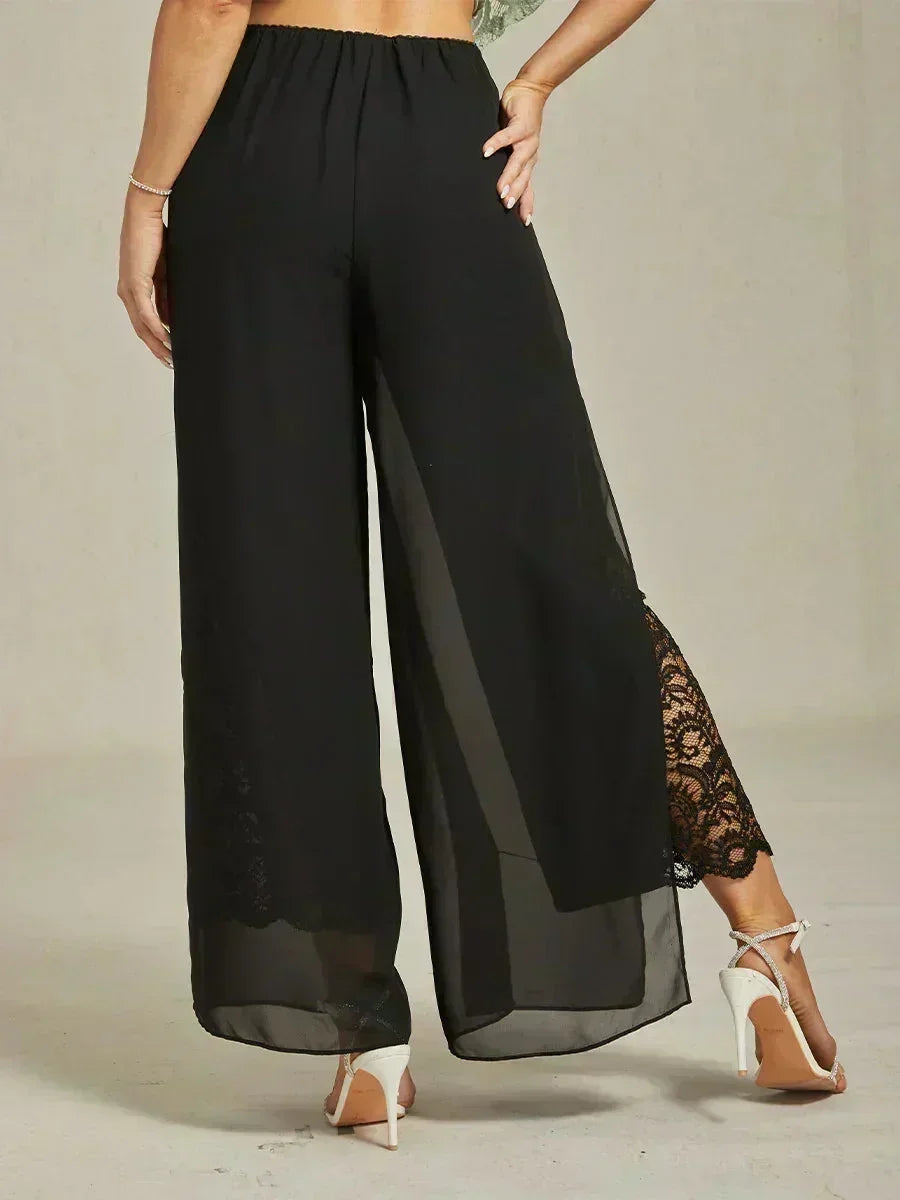 Pantaloni a Gamba Dritta con Sovrapposizione in Chiffon
