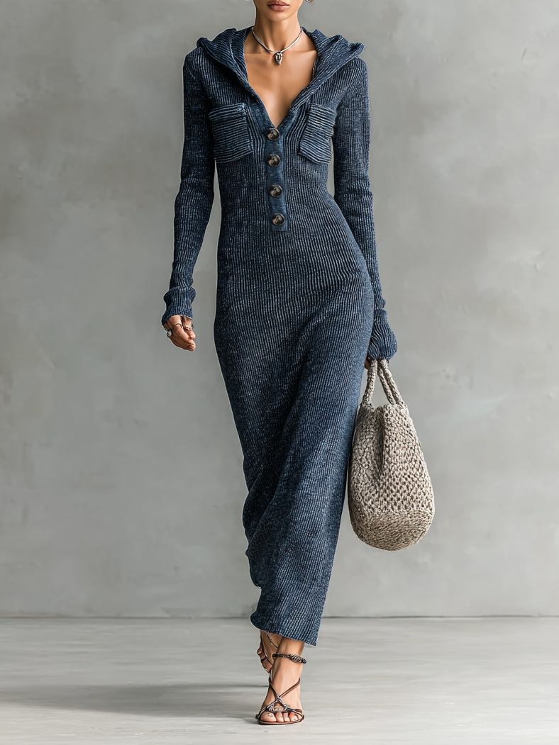 Abito Maxi In Maglia Con Cappuccio Slim Fit Donna MDA1451H6Y