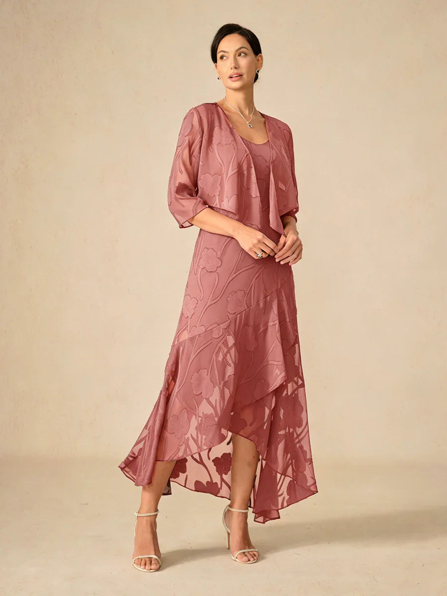 Abito da Sera Senza Maniche in Chiffon Floreale con Orlo Asimmetrico