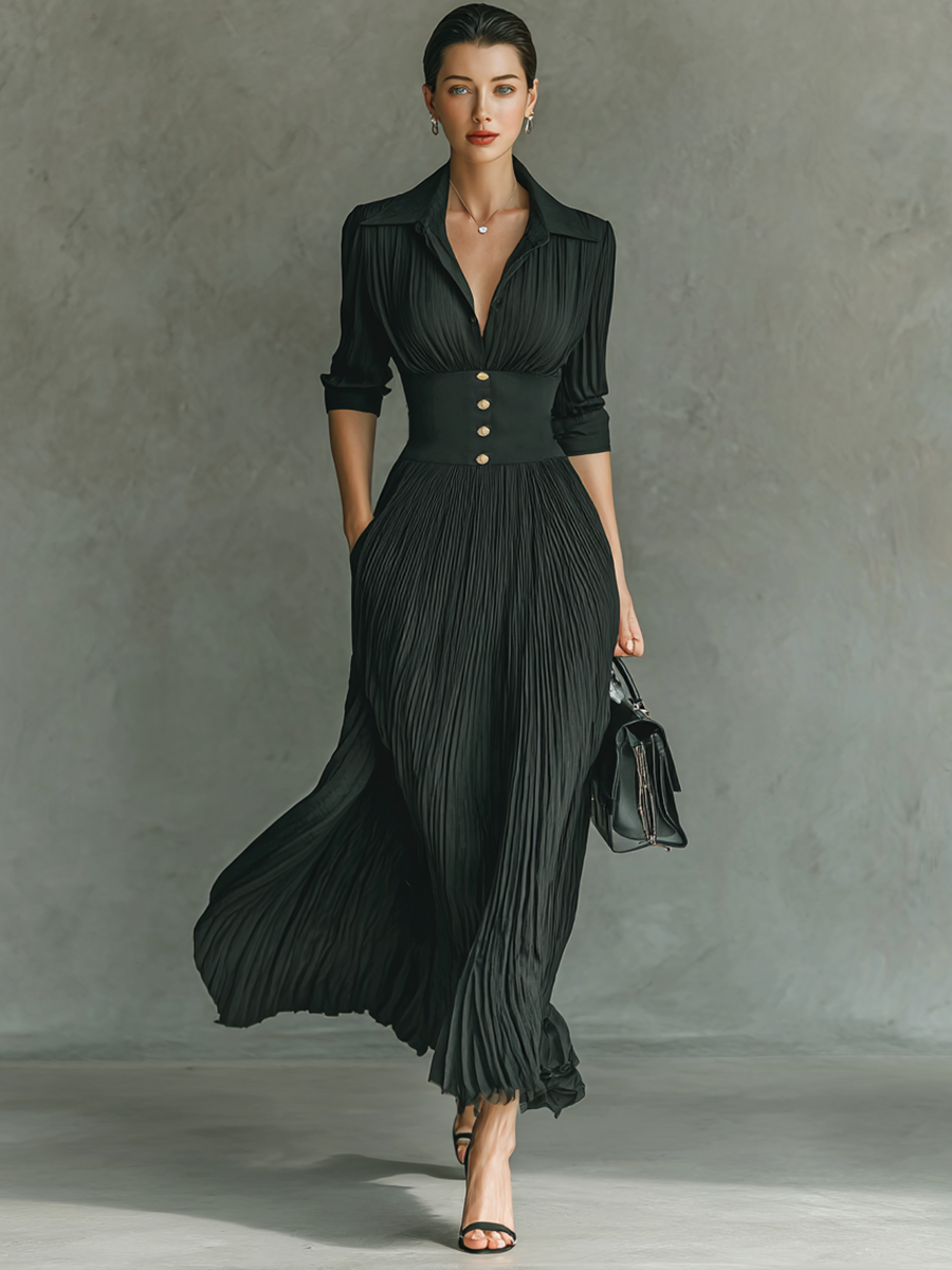 Abiti maxi per donne con colore uniforme, pieghe, colletto, maniche lunghe