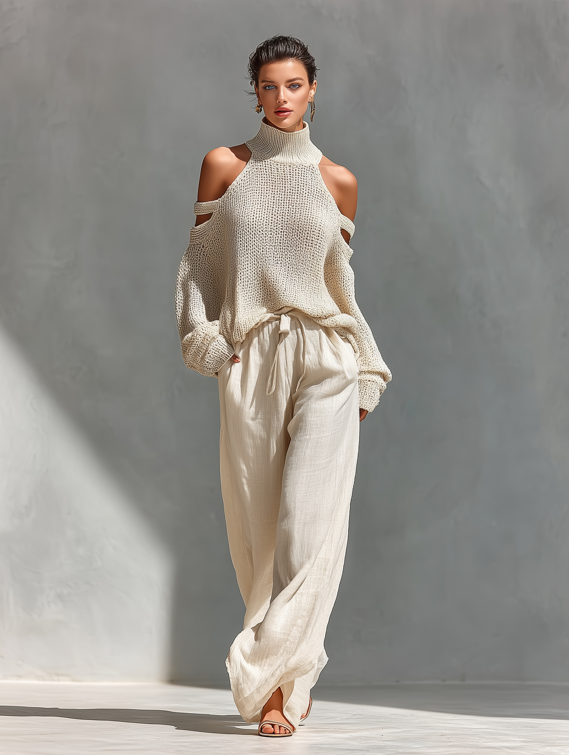 Set top con colletto alto e spalline fredde in cotone color beige e pantaloni larghi