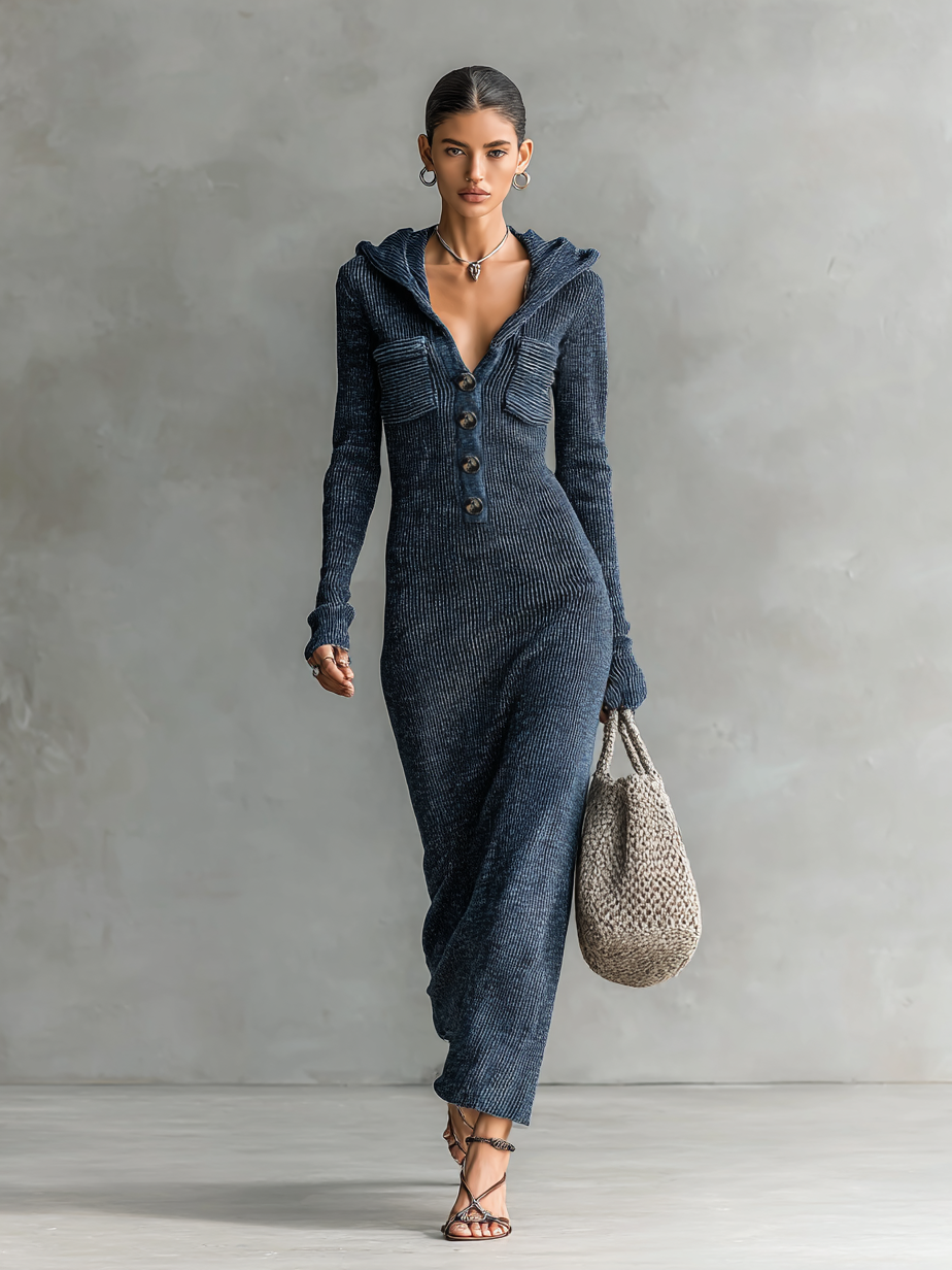 Abito Maxi In Maglia Con Cappuccio Slim Fit Donna MDA1451H6Y