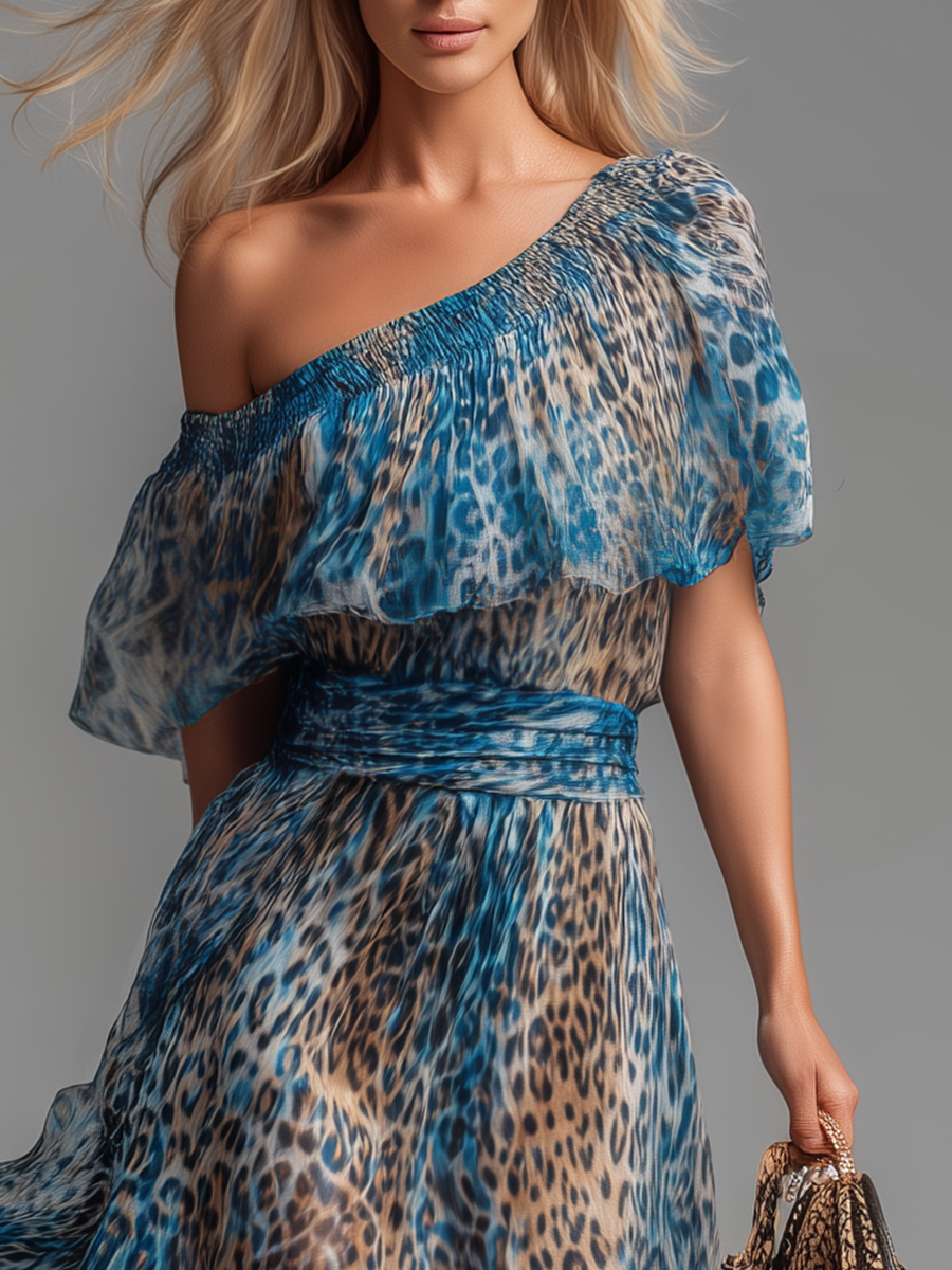🔥 Selvaggia – Abito Maxi in Chiffon a Stampa Leopardo Off-Shoulder
