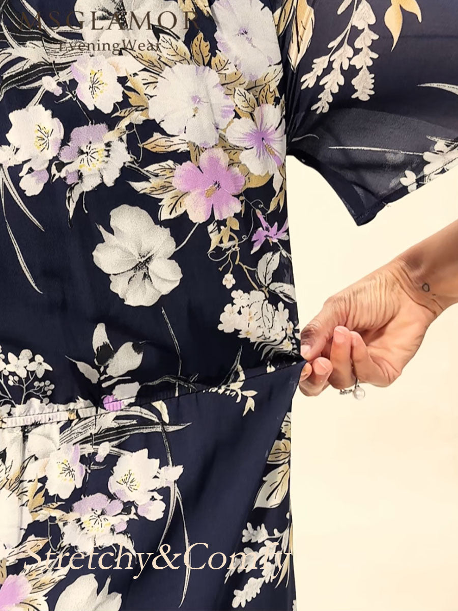 Abito Midi in Chiffon Floreale con Scollatura a V e Rouches