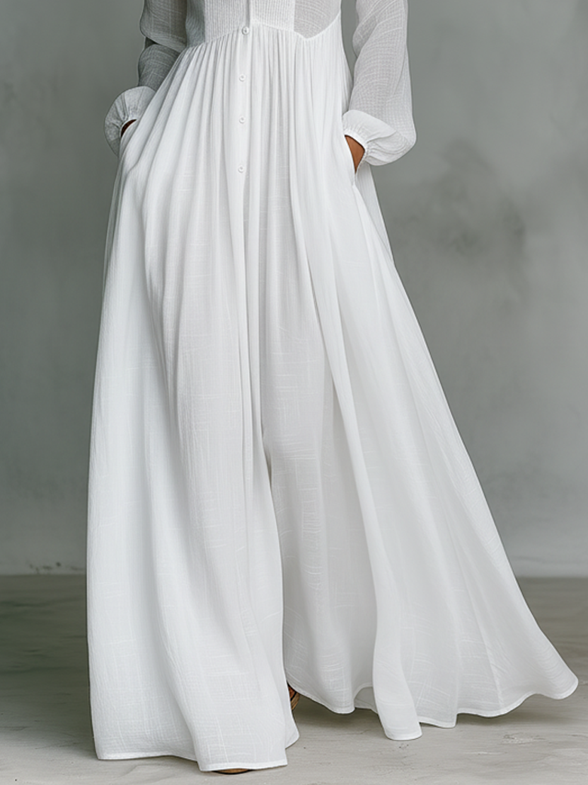 Abito maxi da donna in stile minimalista in cotone e lino con pezzi di puzzle, con colletto rigido e maniche lunghe