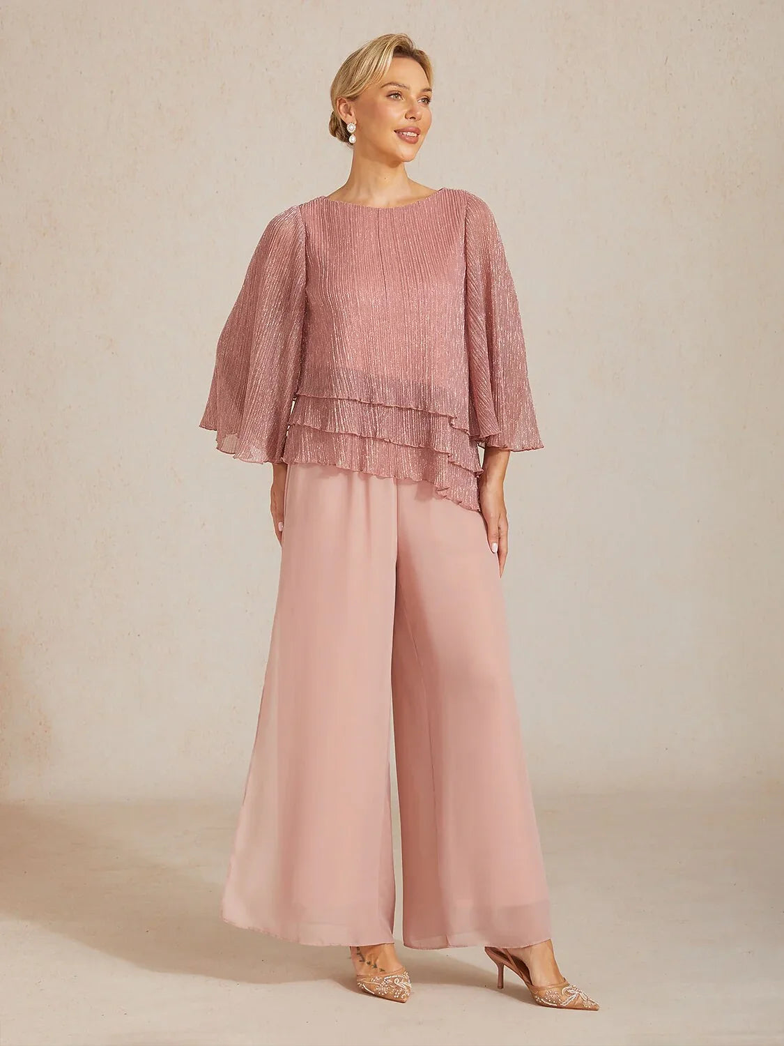 Blusa Asimmetrica a Strati in Chiffon Metallizzato Pieghettato