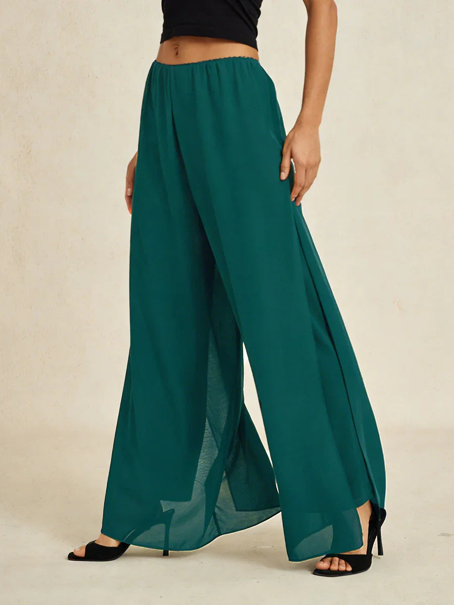 Pantaloni a Gamba Dritta con Sovrapposizione in Chiffon a Spacco