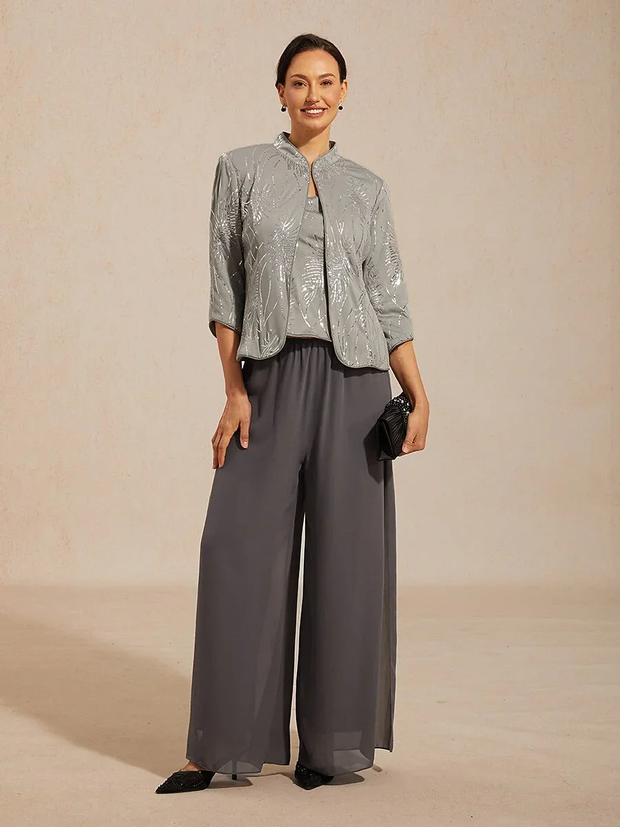 Elegante Twinset con Collo alla Mandarin in Paillettes