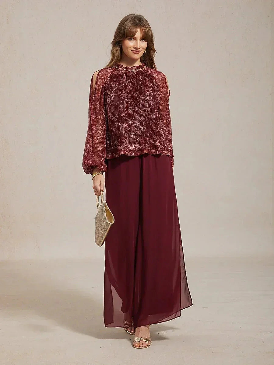 Pantaloni a Gamba Dritta con Sovrapposizione in Chiffon