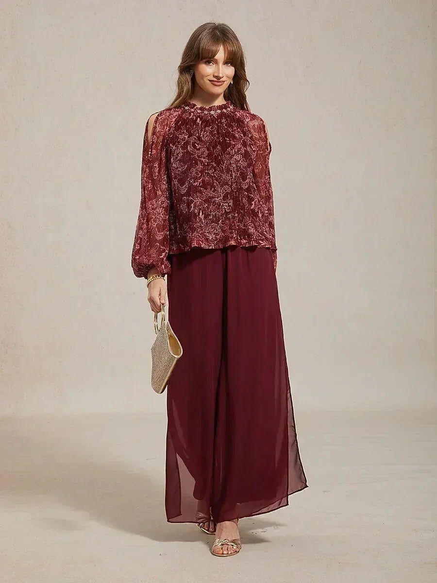Pantaloni a Gamba Dritta con Sovrapposizione in Chiffon a Spacco