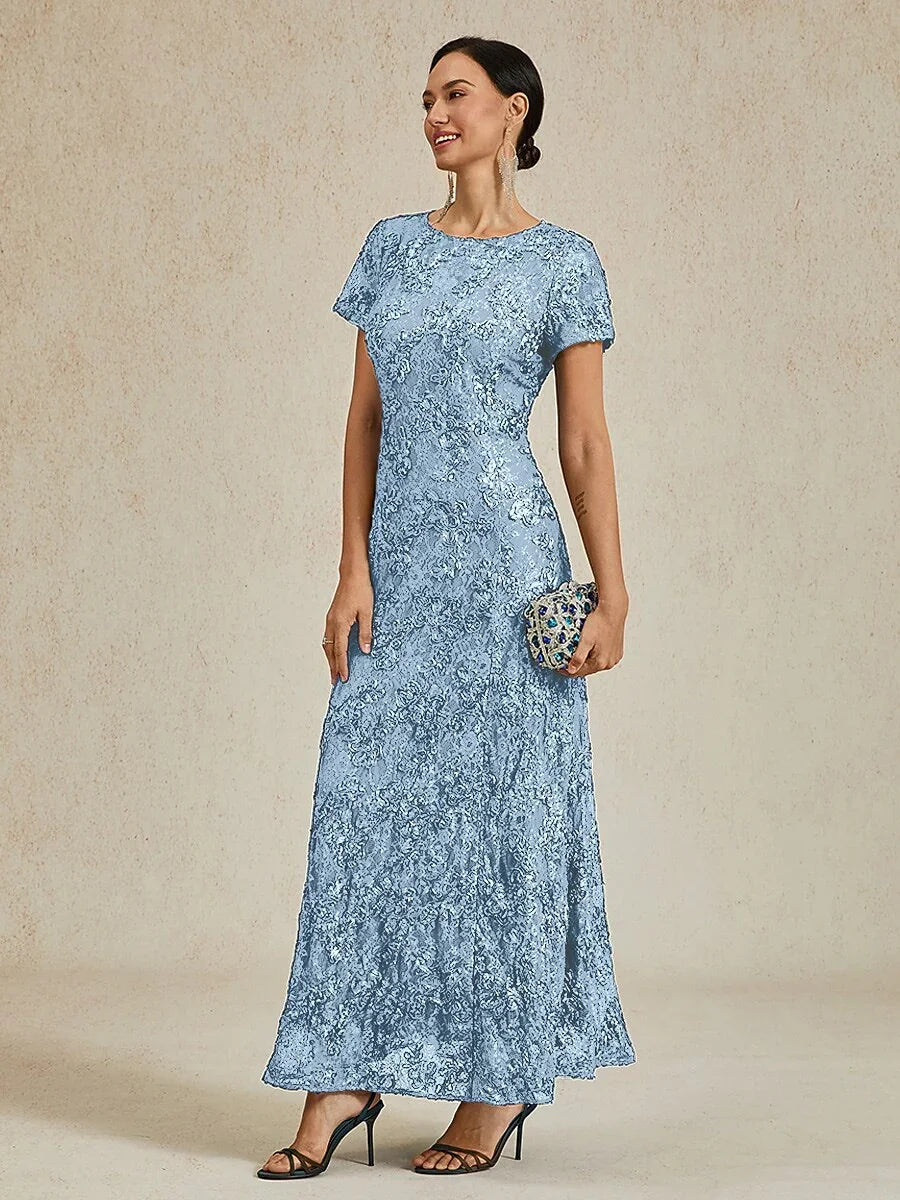 Abito A-Line in Pizzo Rosette con Decorazioni in Paillettes
