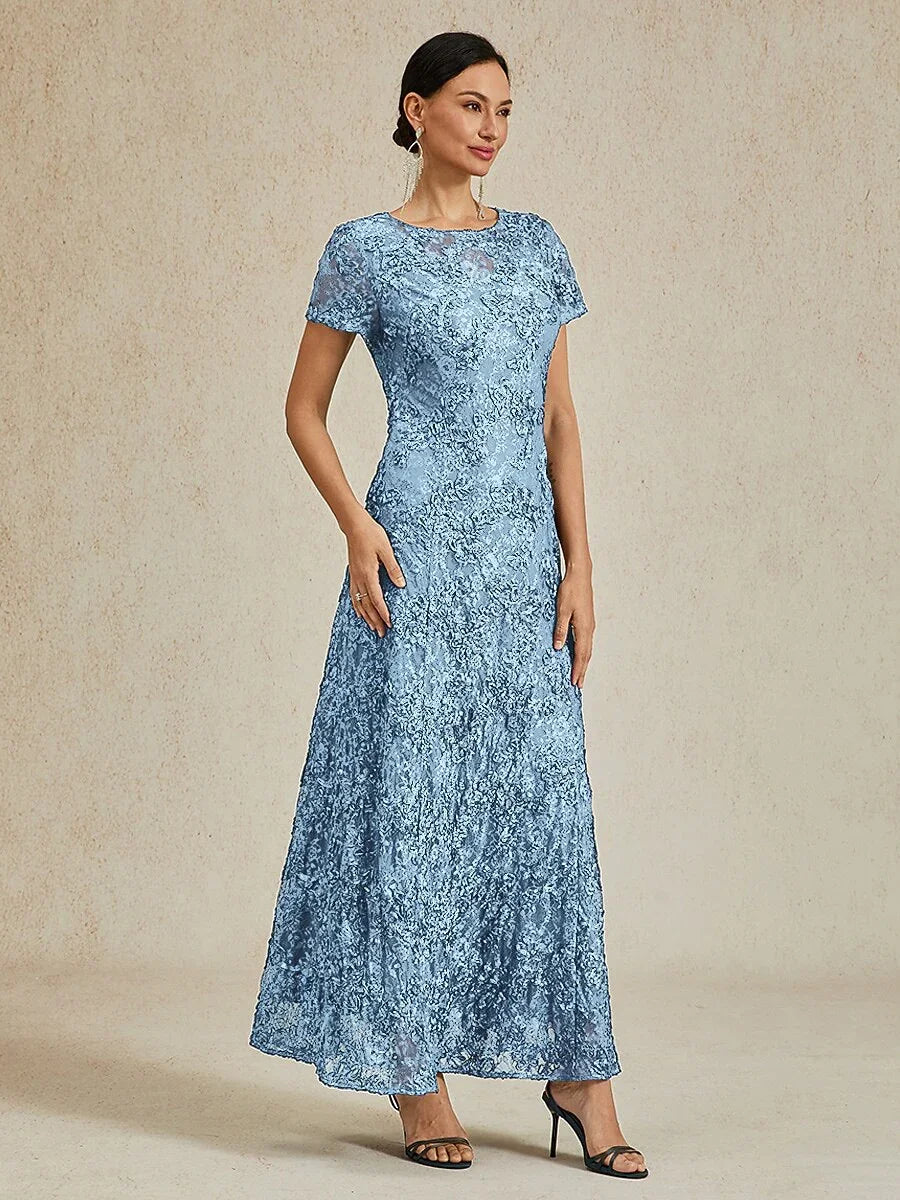 Abito A-Line in Pizzo Rosette con Decorazione di Paillettes