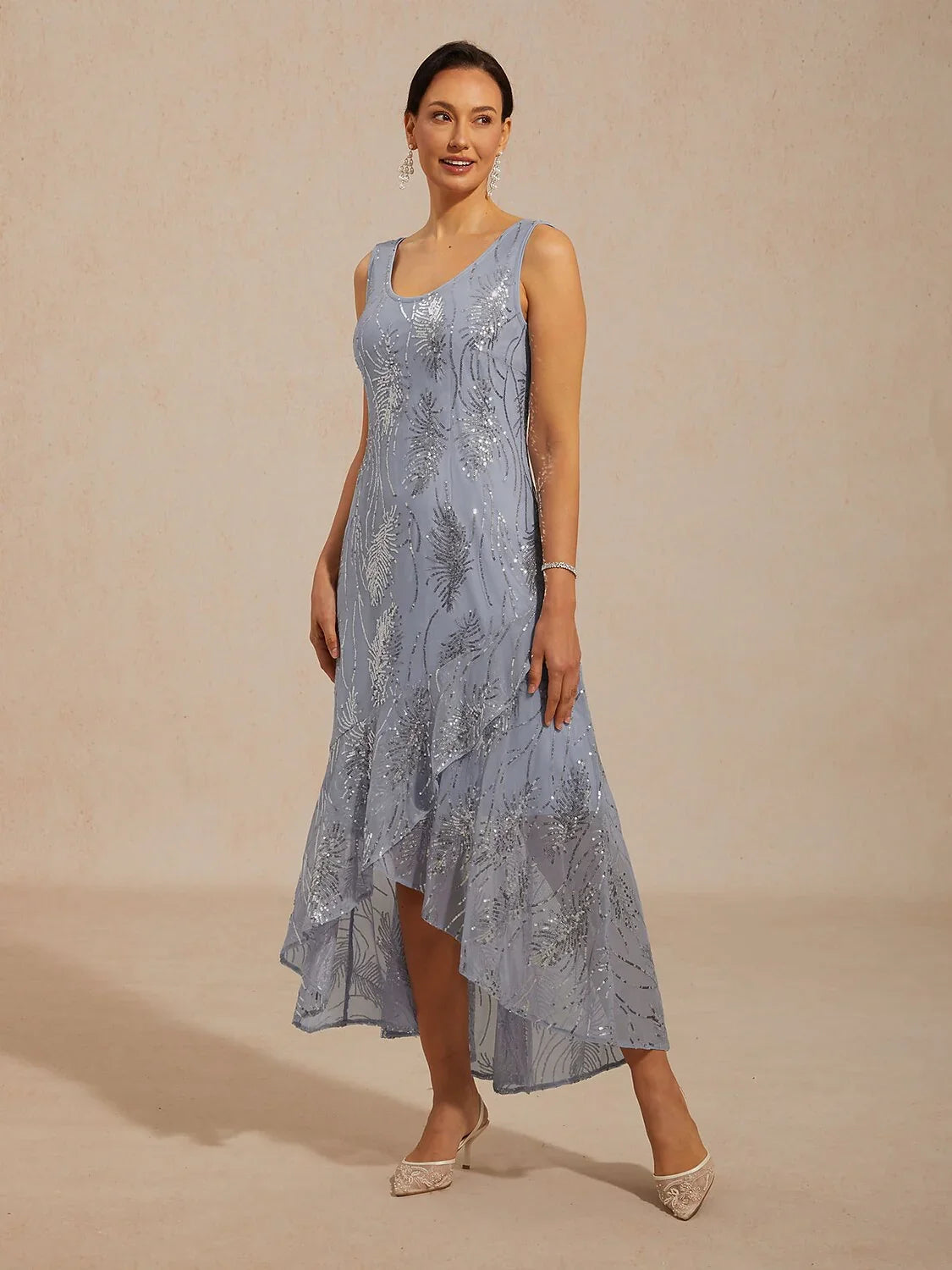Abito Maxi A-Line Senza Maniche con Paillettes in Rete