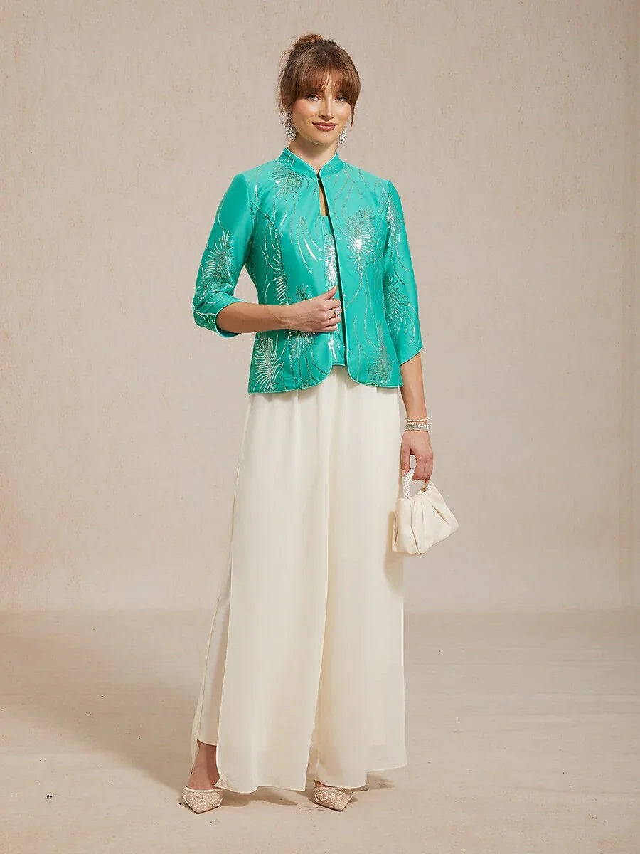 Elegante Twinset con Collo alla Mandarin in Paillettes